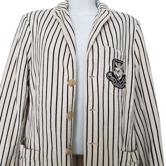 Polo Ralph Lauren Blazer Jacket Womens 10 Striped Lion Crest Patch - Picture 9 of 12